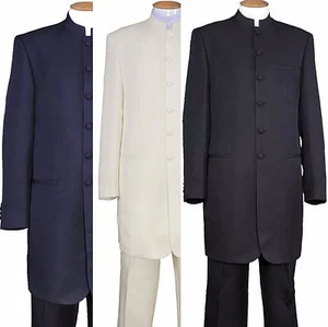 MEN'S BAND COLLAR LONG JACKET, SIX BUTTON TWO PIECE SET WOOL FEEL SUITS 6905 - Picture 1 of 9