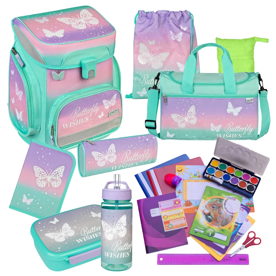Scooli Schulranzen BUTTERFLY WISHES 21 Teile-Set Schmetterling + Sporttasche uvm