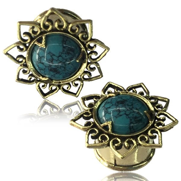 PAR TRIBAL PIEDRA TURQUESA FLOR LATÓN TÚNELES TAPONES MEDIDORES TAPÓN MEDIDOR Foto 1 de 1