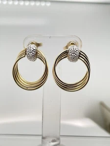 14k Yellow Gold 3/4" High Multi Circle Diamond Accent Stud Earrings 2.15 Grams - Picture 1 of 15