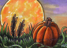 ACEO Original Art Pumpkin Full Moon Corn Autumn Fall Fantasy Painting SMcNeill