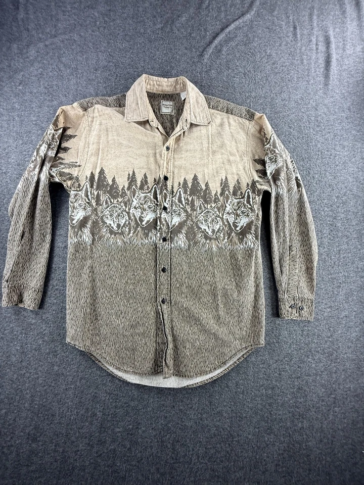Western Plains Trading Co. Men’s Medium Button Shirt  Black Wolf Hunt AOP - Image 1 of 4