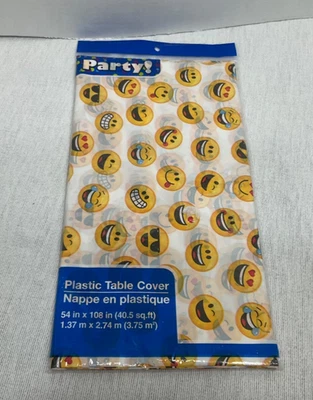 New Plastic Table Cover Smiley Face Emoji's 54" x 108" - Image 1 of 4