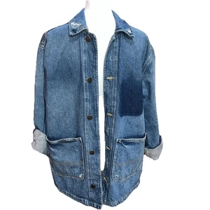 Zara Oversized Patchwork Denim Jacket Blue Button Front Pockets Y2K Style Men S - Picture 1 of 9