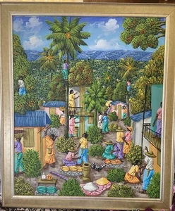 LY Alaby Ölgemälde haitianisches Dorf lebendig gerahmte Leinwand 27”x23” ikonisch #egr - Bild 1 von 22