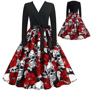 Halloween Kleid Damen Halloween Kostüm Damen Totenkopf V Ausschnitt Langärmiges - Bild 1 von 24