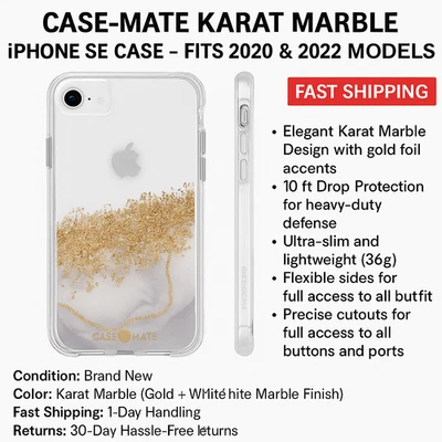 Чехол Case-Mate — каратный мрамор — для iPhone SE (подходит для устройств 2020 и 2022 годов выпуска) 10 футов - Изображение 1 из 4