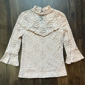 Pink Stretch Lace High Neck Cottagecore Prairiecore Romantic Blouse - XS - Picture 1 of 3