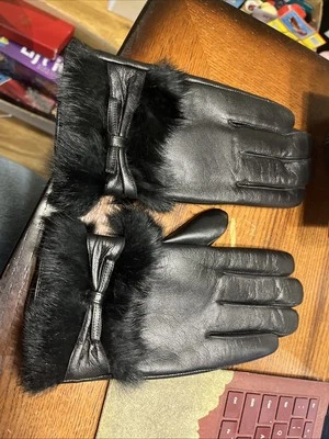 GSG Black Lambskin Gloves, Rabbit Fur Cuffs, Size - 7 Wool Lined - Image 1 of 4
