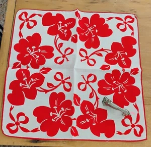 Vgt Printed Red & White Floral Cotton Hankie Handkerchief - Picture 1 of 3