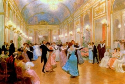 AN ELEGANT EVENING BALL DANCE BALLROOM DANCING PAINTING BY VICTOR GILBERT REPRO - Image 1 of 3