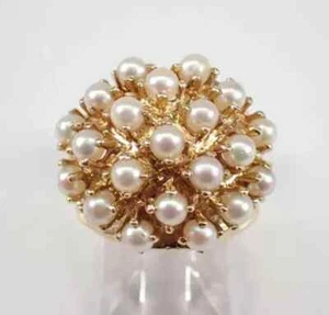 Anillo de compromiso con racimo vintage de perlas genuinas redondas de 2 quilates enchapado en oro amarillo de 14 quilates - Imagen 1 de 6