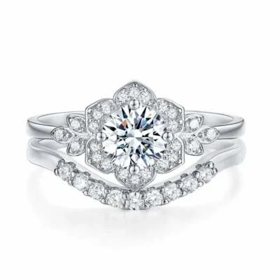1.76 CT White Round Lab Created Engagement Wedding Ring Set Solid 14K White Gold - Image 1 of 3