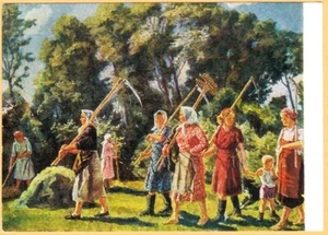 P.Konchalovsky 1960 Russian postcard WOMEN CHILDREN RAKES SCYTHES - Picture 1 of 2