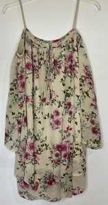 Purple Snow Boho Mini Dress Beige Pink Roses Straps SZ M Grannycore Cottagecore - Picture 1 of 3