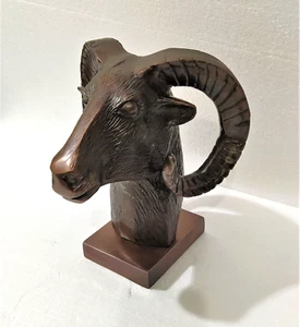 Metal Table Top Ram Head Statue Sheep Aries Figurine Copper Antique Finish - Picture 1 of 5