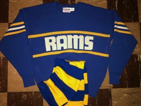 LOS ANGELES RAMS Vtg 80s 90s Cliff Engle BLUE CrewNeck Sweater & Scarf jersey L Cover