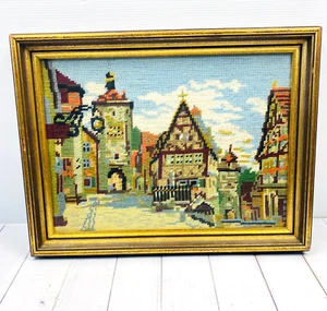 Vintage Framed Needlepoint Picture European Village Scene Gold Frame 37.5cm - Picture 1 of 8