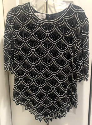 Top para mujer Laurence Kazar con cuentas y lentejuelas negro 100 % seda talla grande 1X forrado Foto 1 de 4