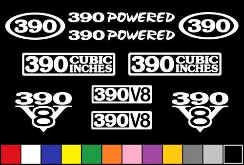 390 CI V8 POWERED 10 DECAL SET GT ENGINE STICKERS EMBLEMS FENDER BADGE ...