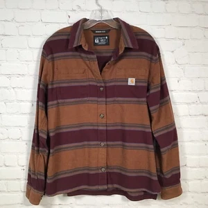 Camisa de franela flexible resistente Carhartt para mujer talla mediana 8 10 rayas de vino marrón - Imagen 1 de 4