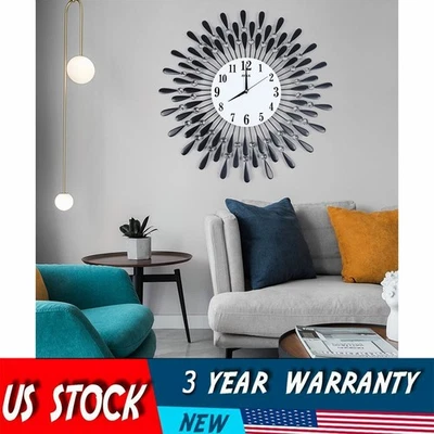 Luxury Large Wall Clock 3D Metal Living Room Feather Wall Watch Home Decor New - Image 1 of 4