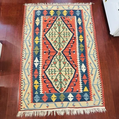 4’ x 6’ Vintage Turkish Kilim Handmade Area Rug Wool Boho 48”x74” - Image 1 of 4