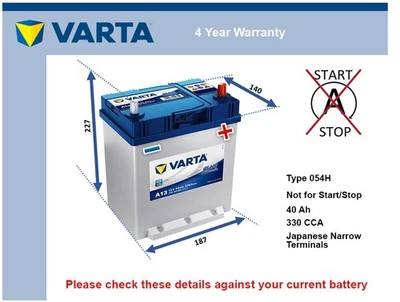 Battery fits MITSUBISHI I MiEV MIRAGE MINICA PAJERO i 1.5 83 to 20 Varta 054H - Image 1 of 4