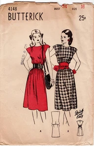 34" Vintage 1940s Cap Sleeve Chemise Dress Sewing Pattern Butterick 4148 - Picture 1 of 3