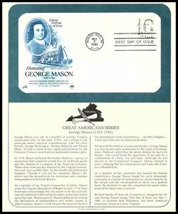 2001 George Mason Sc 1858 FDC PCS patriot statesman bill of rights founding - Picture 1 of 1