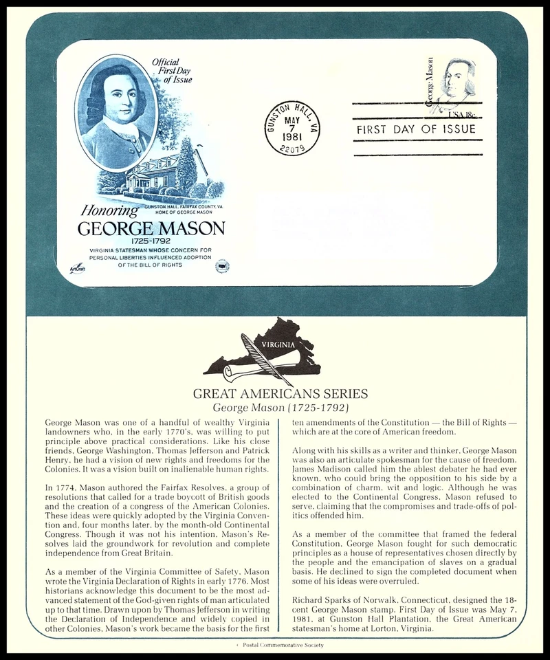 2001 George Mason Sc 1858 FDC PCS patriot statesman bill of rights founding - Image 1 of 1