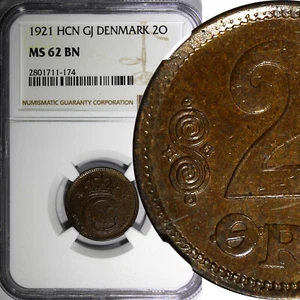 DENMARK Christian X Bronze 1921 HCN CJ 2 Ore NGC MS62 BN KM# 813.2 (174) - Picture 1 of 4