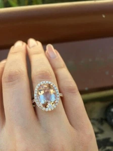 4.70Ct Oval Cut Lab Created Morganite Halo Engagement Ring 14K Rose Gold Plated - Picture 1 of 12