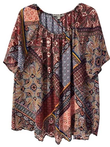 Valerie Stevens Top Damen 2x ausgestellt Kurzarm rot Patchwork Print fließend Boho - Bild 1 von 6
