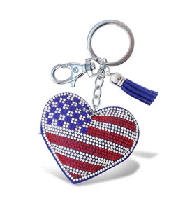 Aqua79 USA Flag Heart Keychain - Sparkling Rhinestones Charm, Tassel and Clasp - Picture 1 of 9