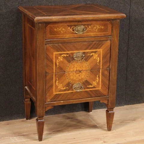Nightstand antique style Louis XVI furniture commode dresser inlaid 3 drawers Cover