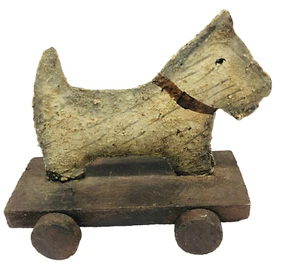 VTG Tin Metal Wood Dog Pull Toy Terrier Schnauzer Hand Paint Primitive Farm Cor - Picture 1 of 6