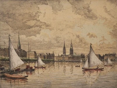 Hamburg - Segelboote auf der Alster - Radierung - Friedrich Traulsen 1887-1971 - Bild 1 von 4