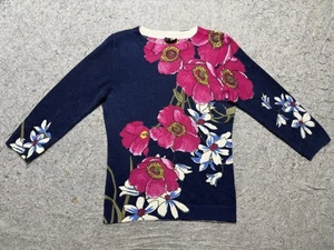 Talbots Cashmere Sweater Womens Small Navy Floral Crewneck 3/4 Sleeve Pullover - Picture 1 of 14