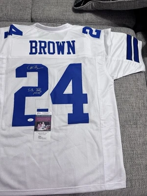 CAMISETA DE LOS VAQUEROS DALLAS PERSONALIZADA FIRMADA POR LARRY BROWN con certificado de autenticidad JSA SB MVP Foto 1 de 4