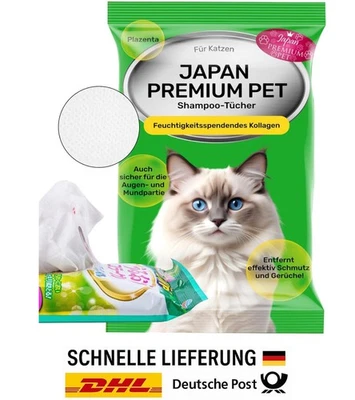 JAPAN PREMIUM PET Katzenshampoo Handtuch mit Kollagen - Geruchsentferner & Fellpflege - 15 Stück