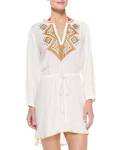 Shoshanna Embroidered Voile Drawstring Tunic Swim Cover Up Dress Sz S White (K1) - Picture 1 of 2