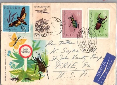 POLAND 1950/60 POSTAL CACHET FDC AIRMAIL COVER TOPIC INSECTS ADDR USA - Image 1 of 2