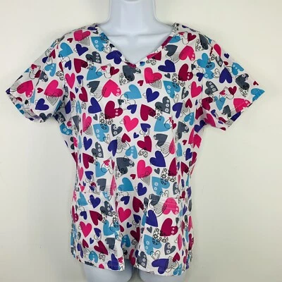 SB Scrubs Womens Scrub Top Sz XS Multicolor Hearts Short Sleeve V Neck - Image 1 of 4