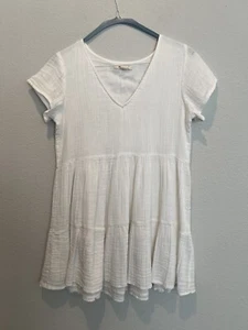 Vestido Rip Curl Blanco Algodón Gasa En Niveles Para Mujer Talla Pequeña Cuello en V Forrado Fluido - Imagen 1 de 7