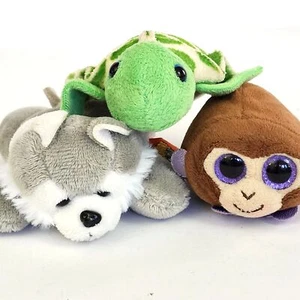 Lot of 3 Stuffed Animals Tiny Plush Sea Turtle Husky Wolf & Ty Monkey Boo 4" - Picture 1 of 8