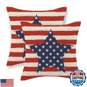 4th of July Pillow Covers 16x16 Set of 2, Red Stripe Blue Star Decor America - Picture 1 of 5
