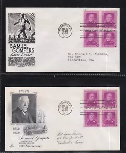 USA 1950 2 FDCs 100th ANNIV OF LABOR SAMUEL GOMPERS BLOCK OF 4 + CACHET - Picture 1 of 1