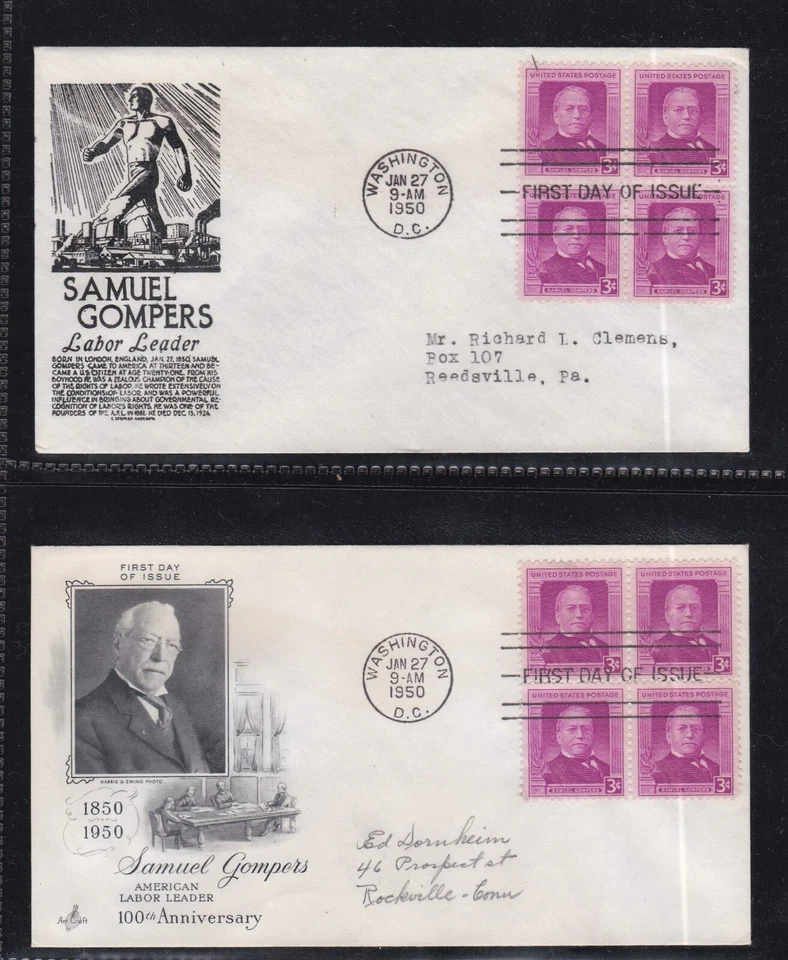 USA 1950 2 FDCs 100th ANNIV OF LABOR SAMUEL GOMPERS BLOCK OF 4 + CACHET - Image 1 of 1