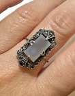 Art Deco Sterling Silver 9K Yellow Gold Marcasite Agate Size 7 Ring Dd4